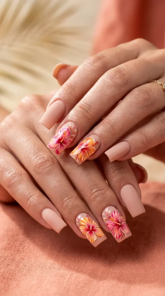 Tropical Hibiscus Square Nails