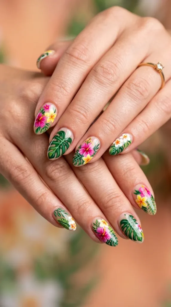 Tropical Leaf + Flower Combo Nails