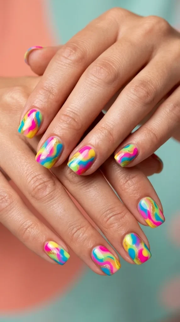 Tropical neon abstract art nails