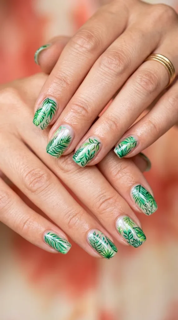 Tropical palm green leaf nails