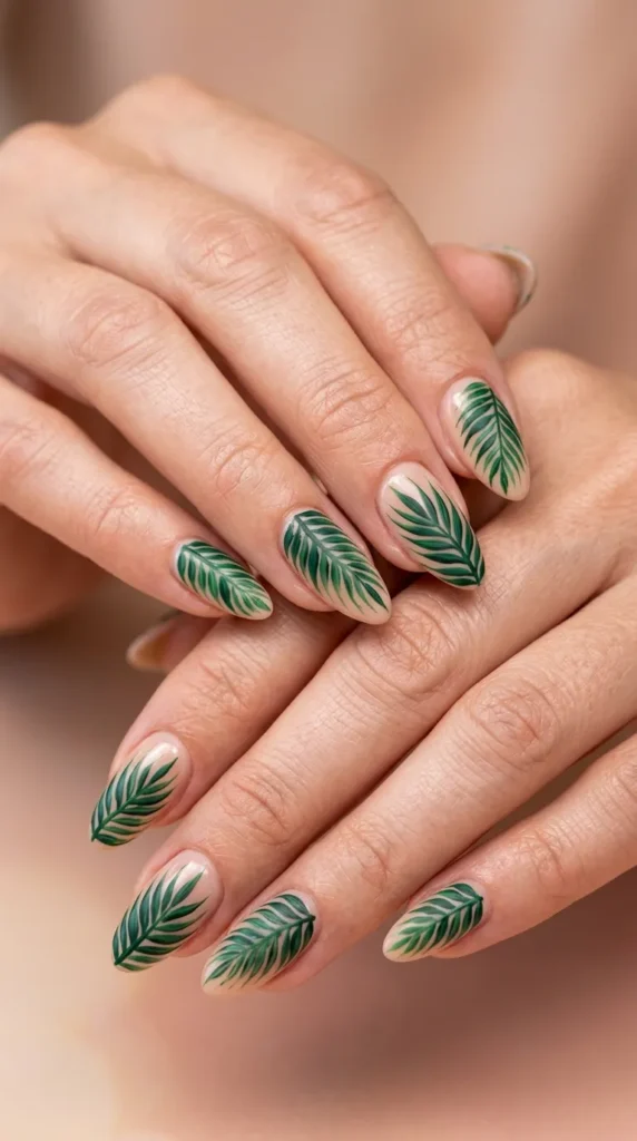Tropical palm leaf nail art on nude base