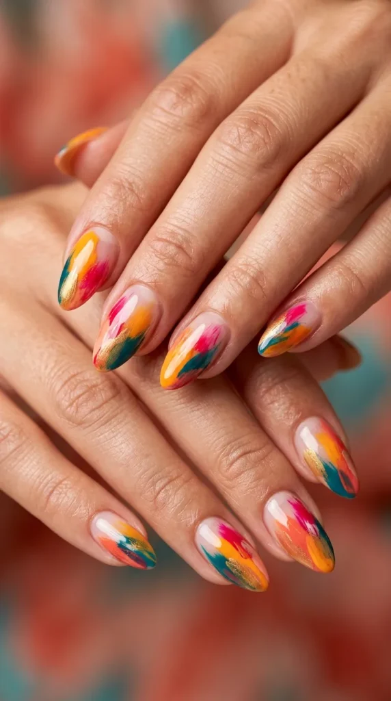 Tropical sunset abstract brushstroke nails