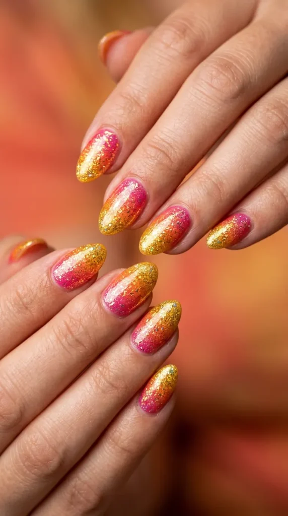Tropical Sunset Glitter Nails