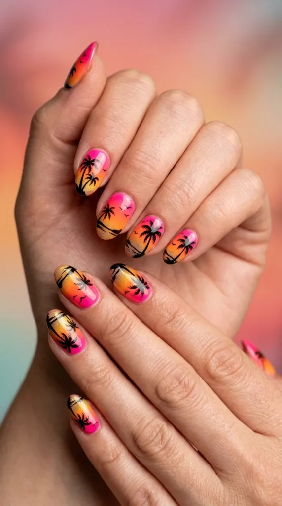 Tropical Sunset Neon Nails