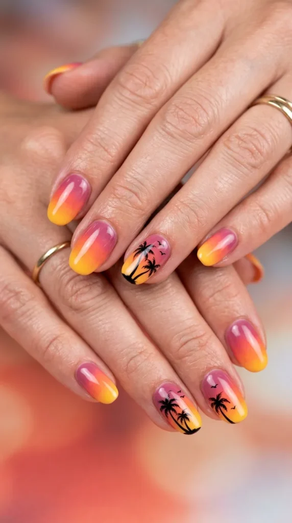 Tropical sunset palm nails