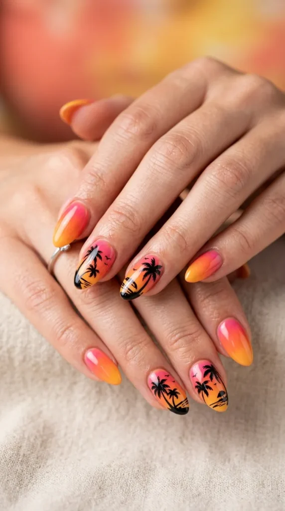 Tropical sunset palm silhouette nails