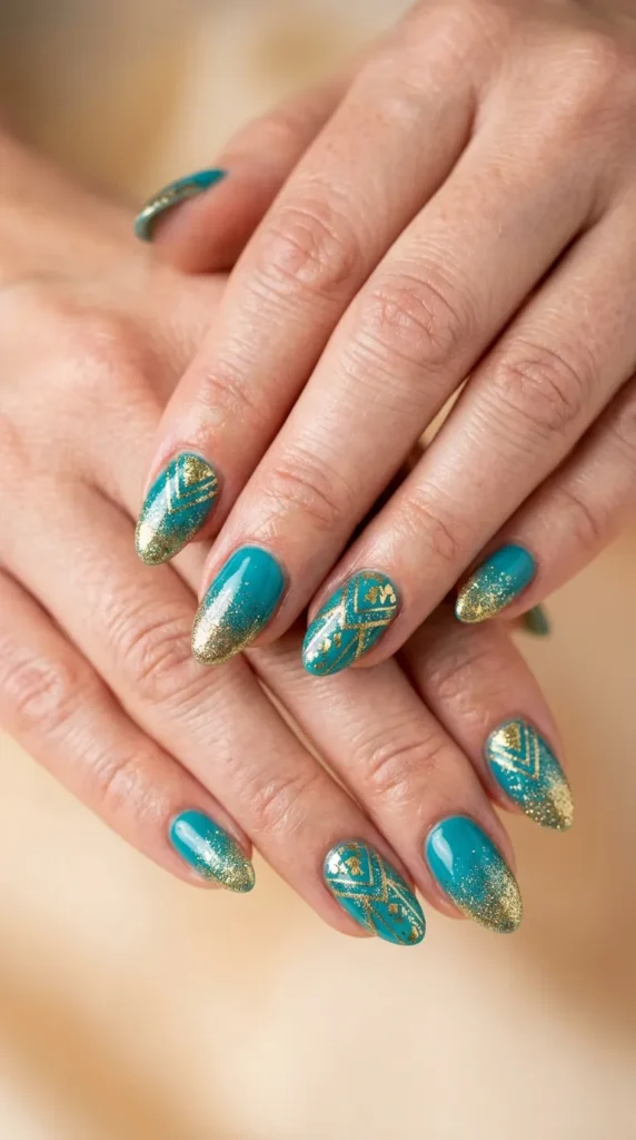 Turquoise and Gold Summer Nails