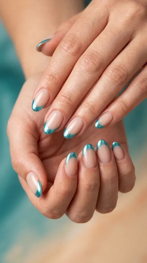 Turquoise Chrome French Manicure