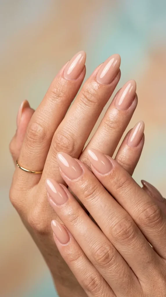 Ultra glossy nude almond “clean girl summer” nails