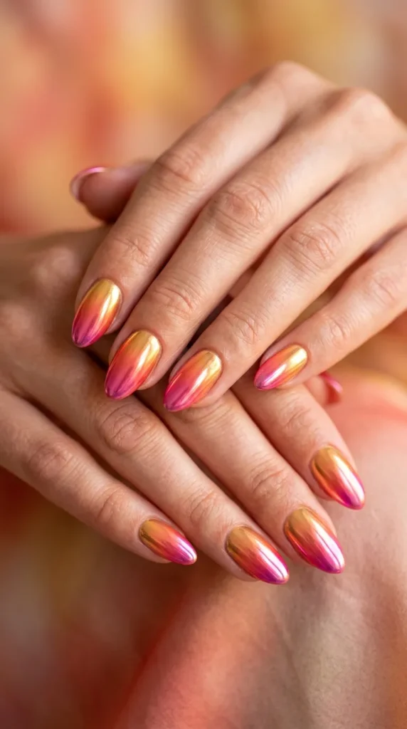 Vibrant Sunset Chrome Nails