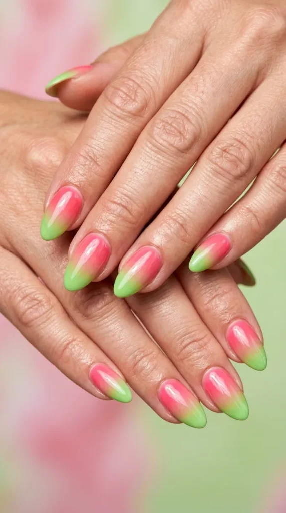 Watermelon pink green ombré nails