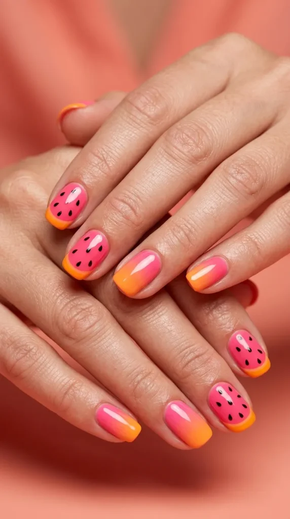 watermeloninspired pinkorange nails