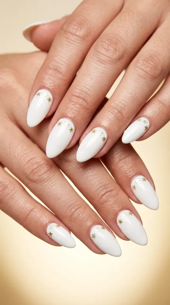 White almond nails with gold star accents