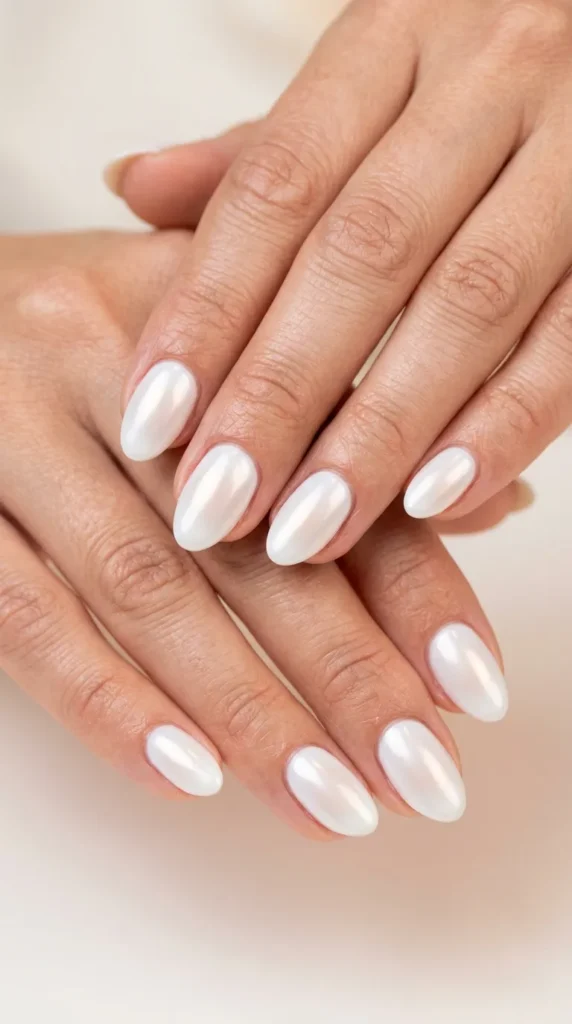 White chrome aura nails with soft glow edges