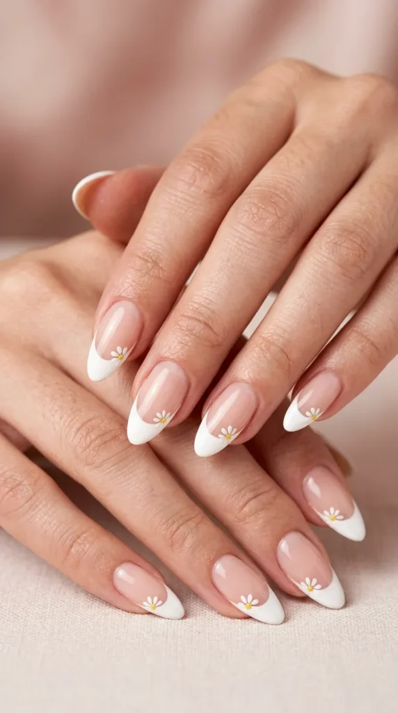 White French tips with tiny floral accents