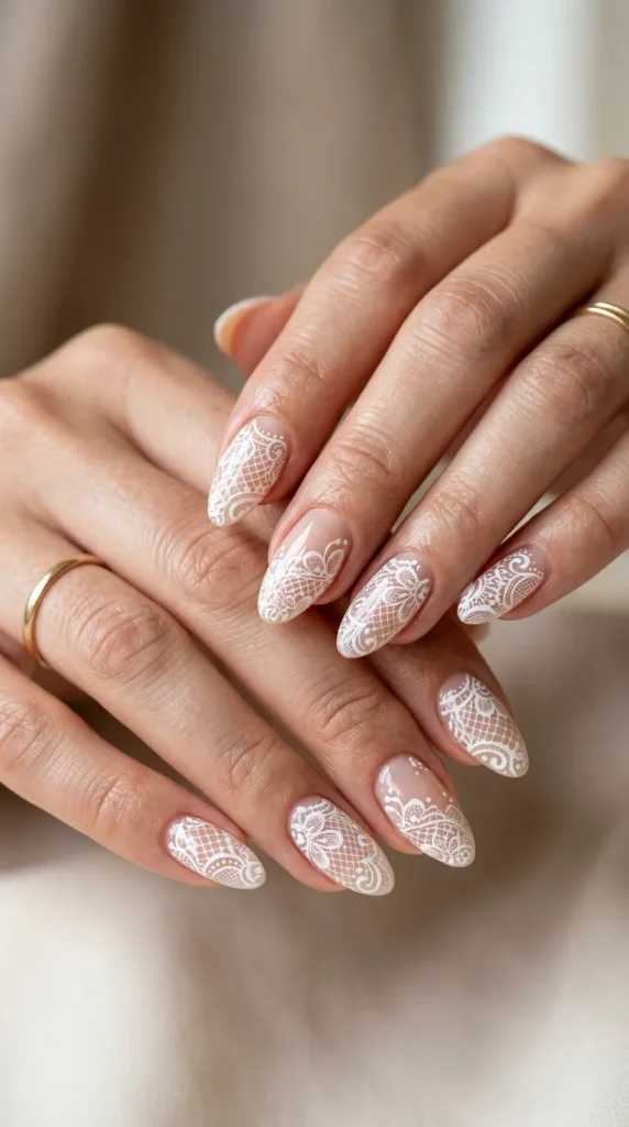 White lace bridal gel nails