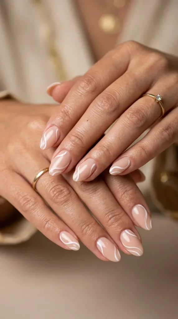 White Swirl Nude Nails