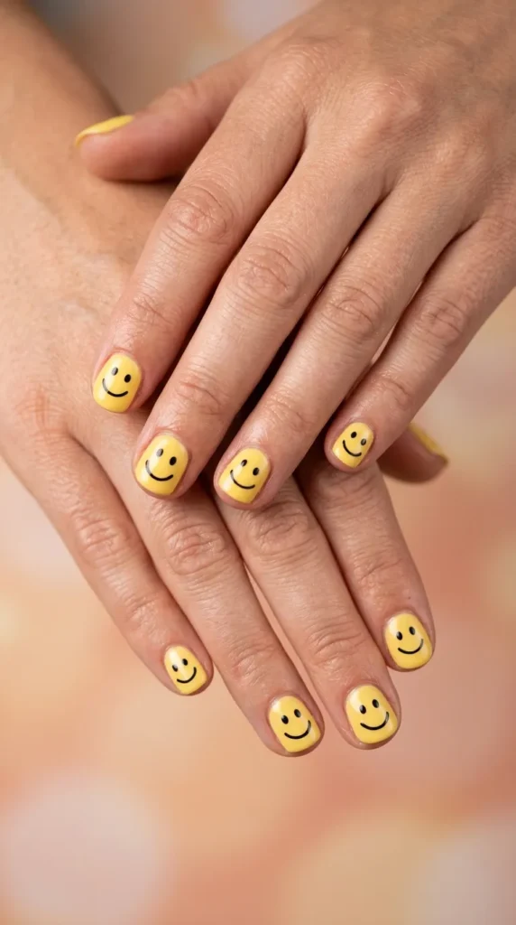 Yellow smiley face nail art