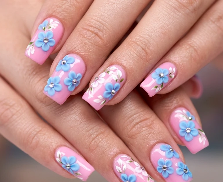 Hottest Pink and Blue Summer Nails