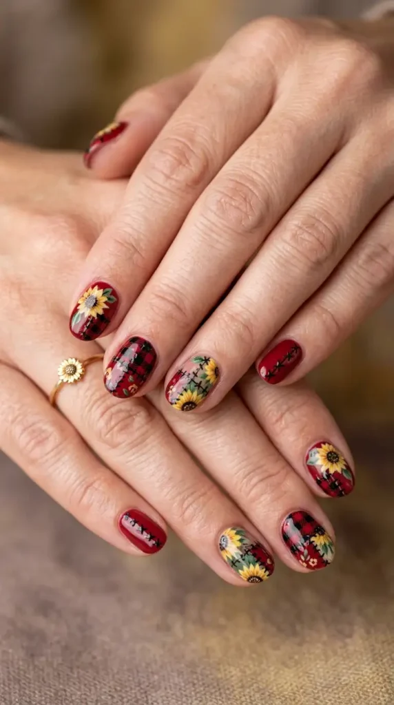 Rustic Floral Patchwork Nail Design