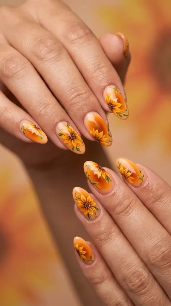 Acrylic Nails with Orange Aura and Sunflower Accent