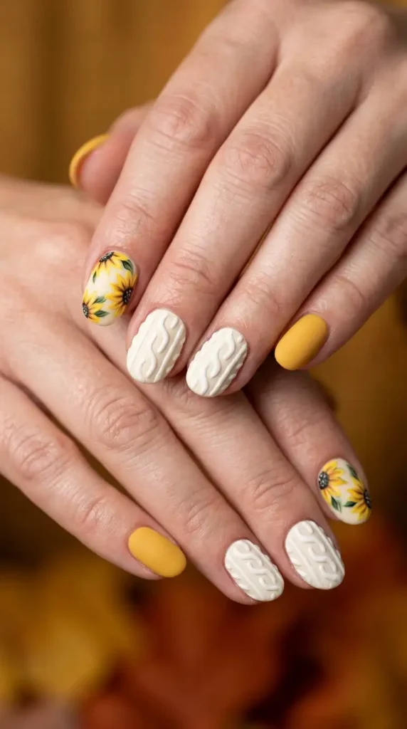 Acrylic Nails with Sweater Texture and Sunflowers