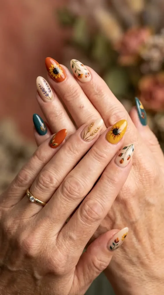 Almond Acrylic Nails with Autumn Wildflowers