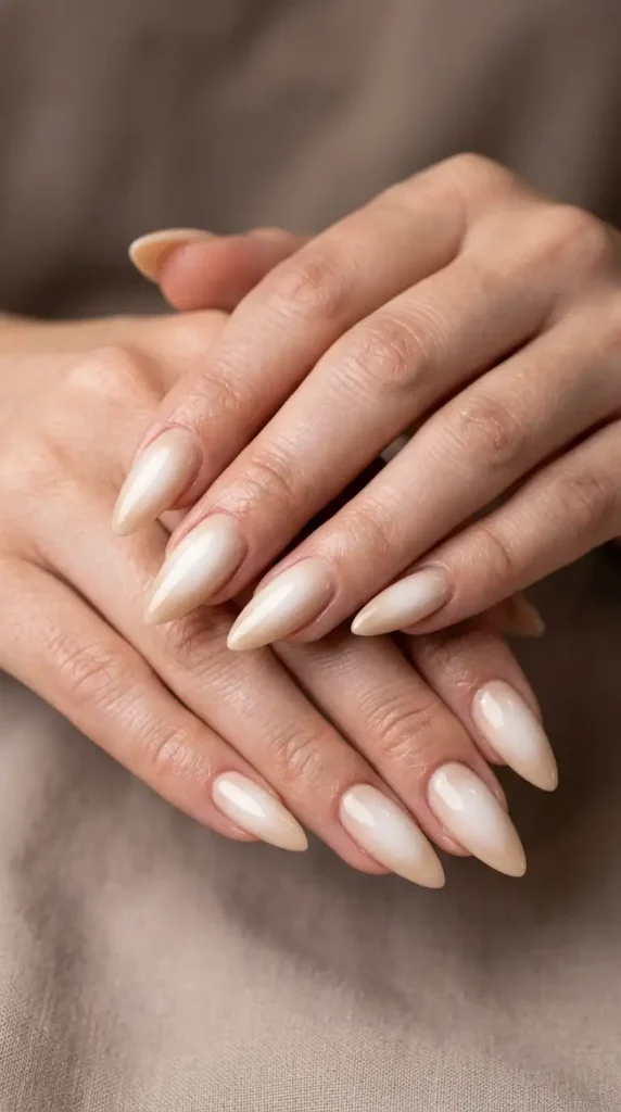 Almond Milk Aura Stiletto Nails