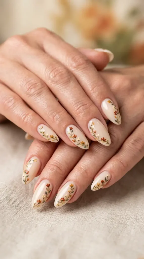 Almond Milk Nails with Delicate Floral Vine Art