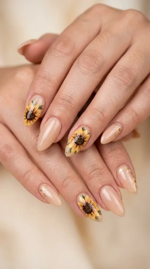 Almond Nude Sunflower Nails