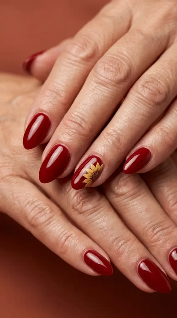 Almond Red Nails with Minimal Sunflowers