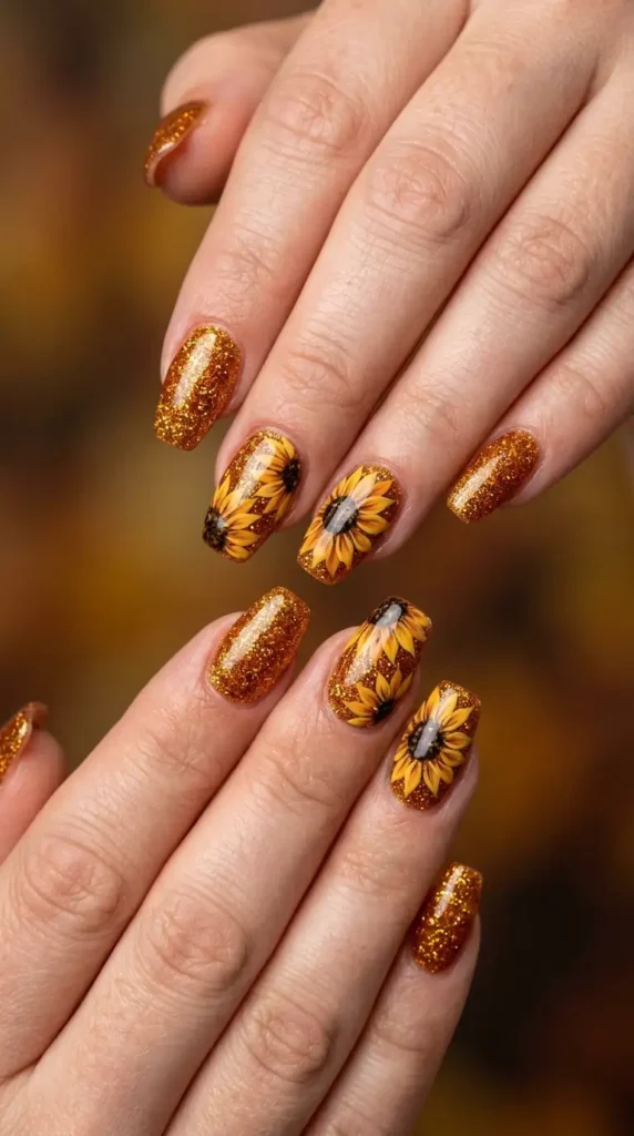 Amber Glitter Acrylic Nails with Sunflower Petals