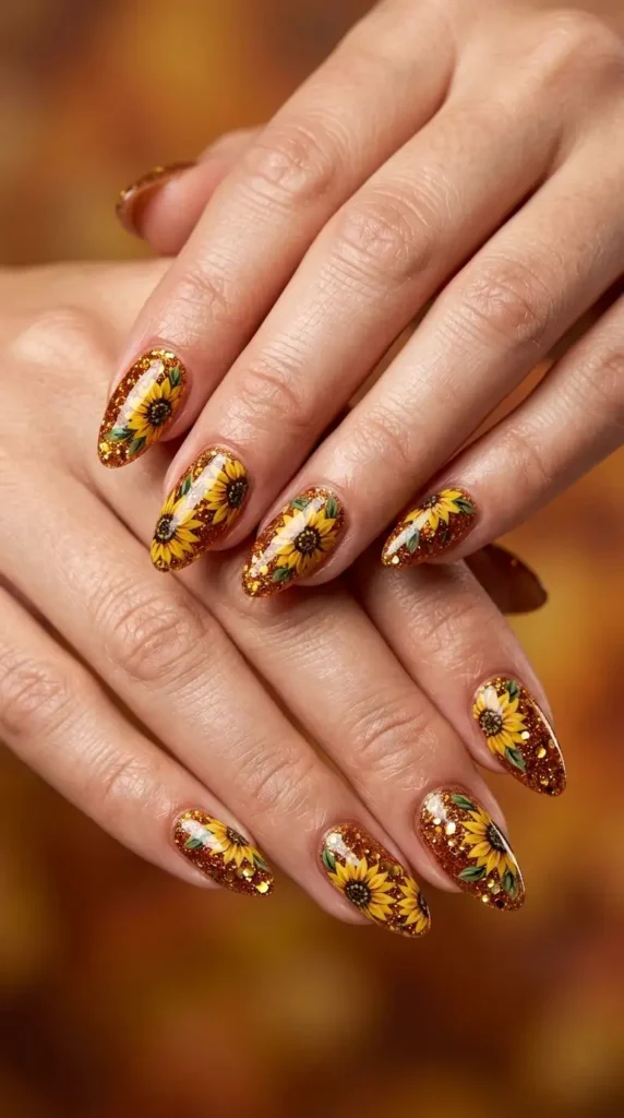 Amber Glitter Floral Nails