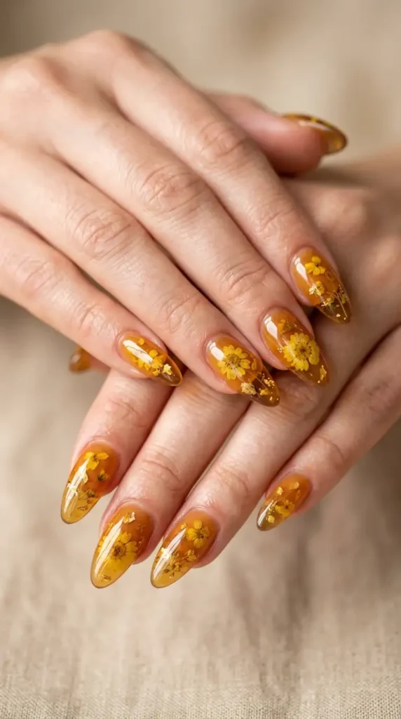 Amber Jelly Acrylic Nails with Dried Flower Effect