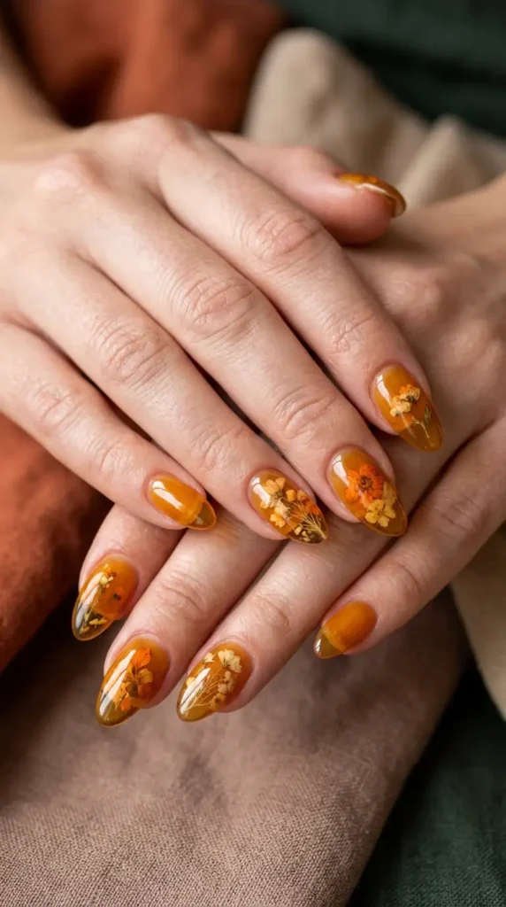 Amber Jelly Nails with Encapsulated Flowers