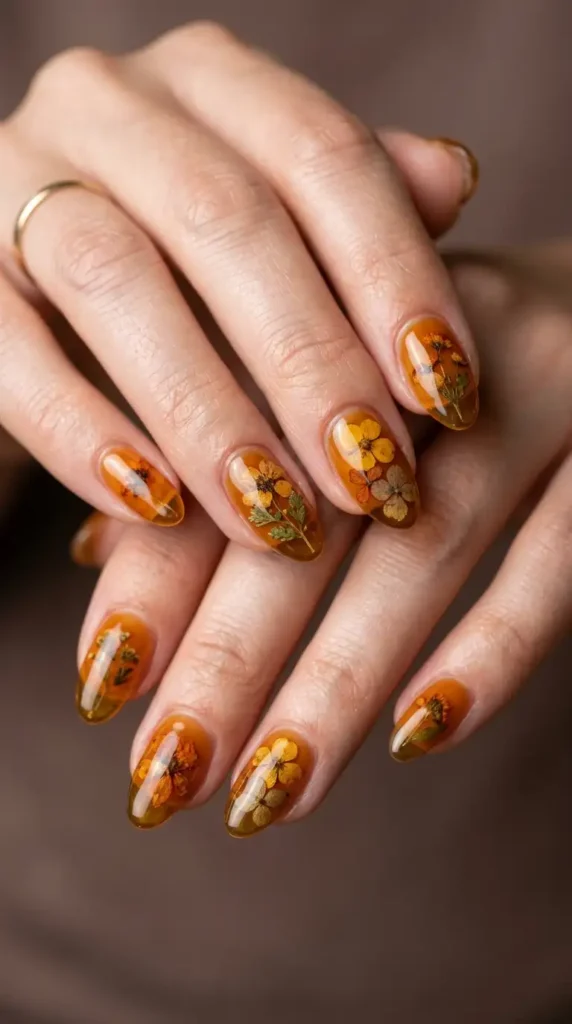 Amber Jelly Nails with Pressed Flowers