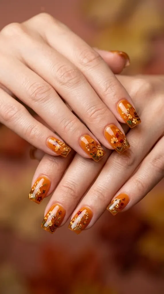 Amber Jelly Nails with Tiny Autumn Flowers