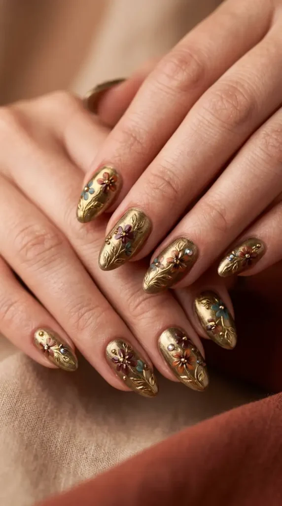 Antique Gold & Floral Luxury Nails