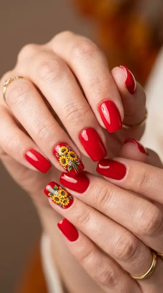 Apple Red Nails with Sunflower Bouquet Art