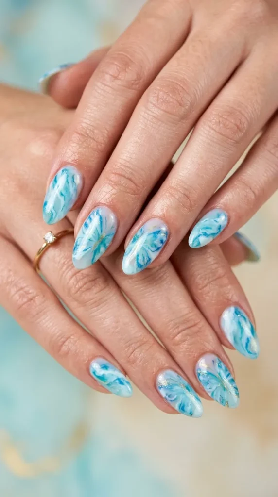 Aqua Butterfly Marble Nails