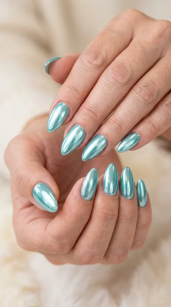 Aqua Chrome Almond Nails