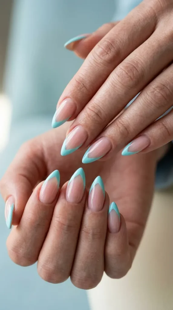 Aqua French Tip Stiletto Nails