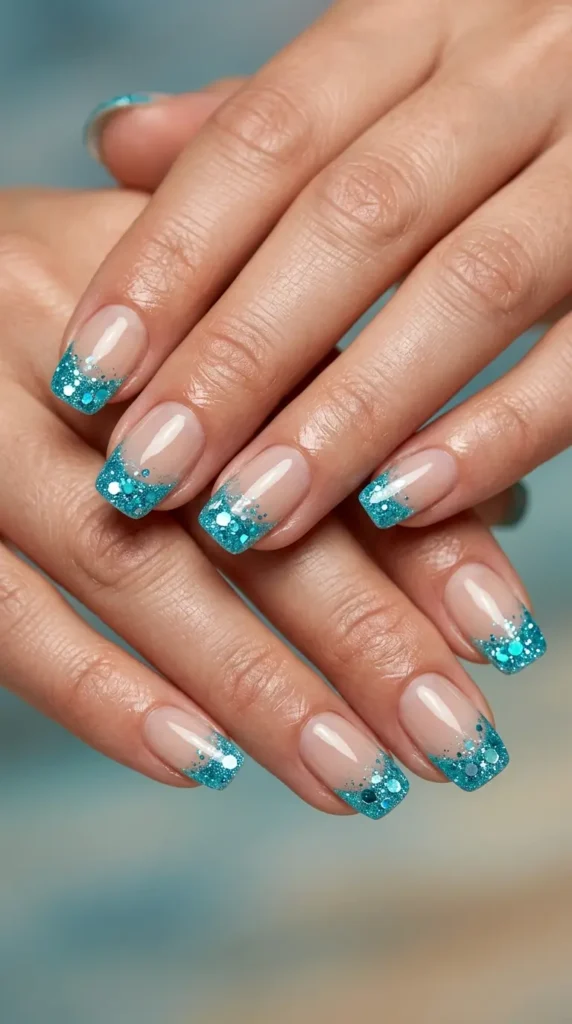 Aqua Glitter French Manicure