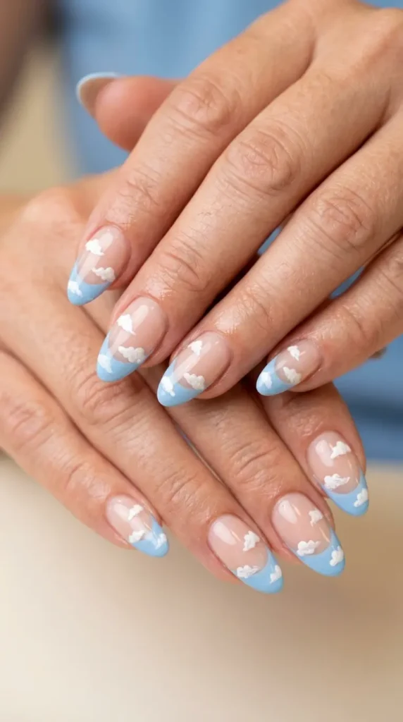 Baby Blue French Tips with Clouds