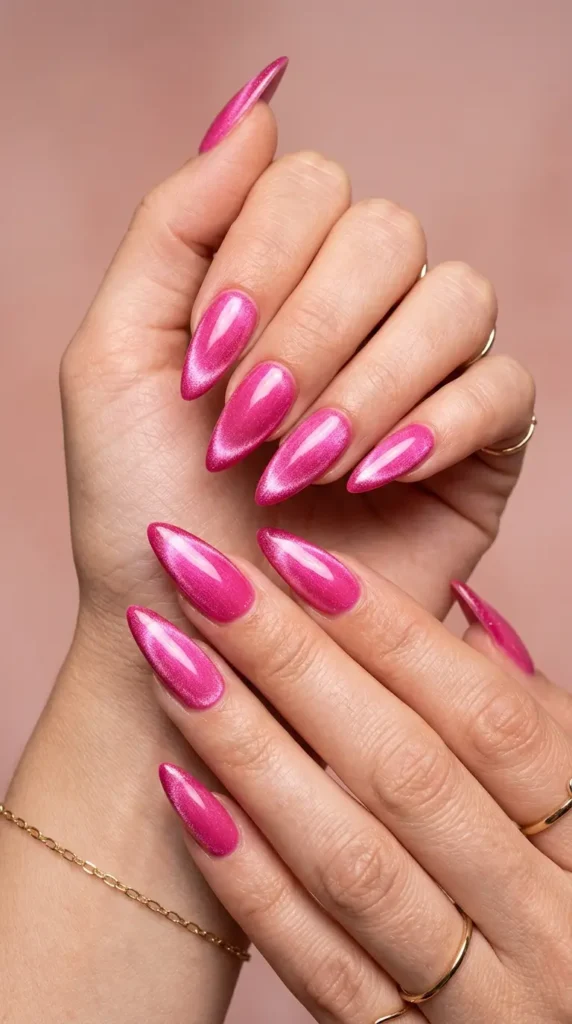 Barbie Pink Cat Eye Stiletto Nails