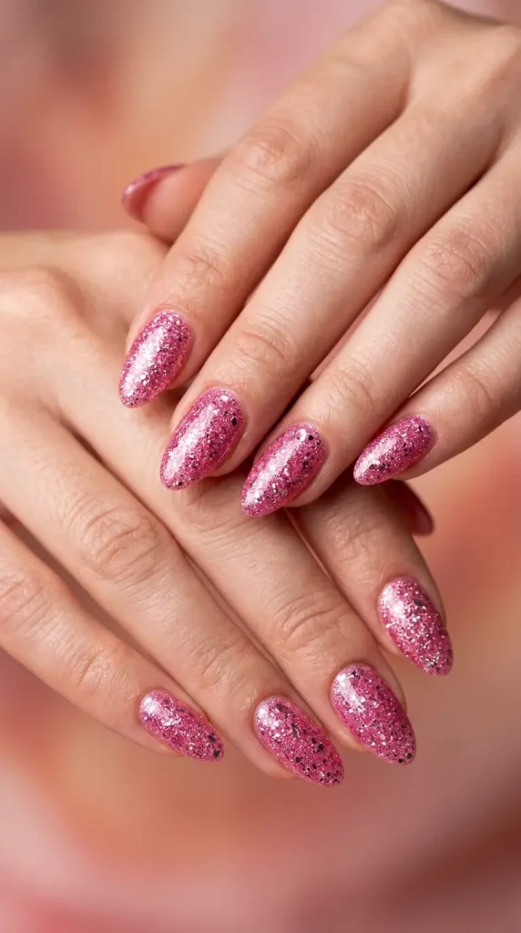 Barbie Pink Glitter Almond Nails