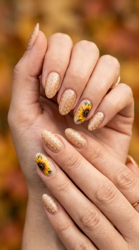Beehive Honeycomb Sunflower Nails