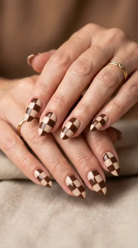 Beige and Brown Checkerboard Nails