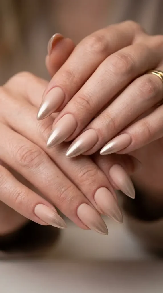 Beige Chrome French Fade Stiletto Nails