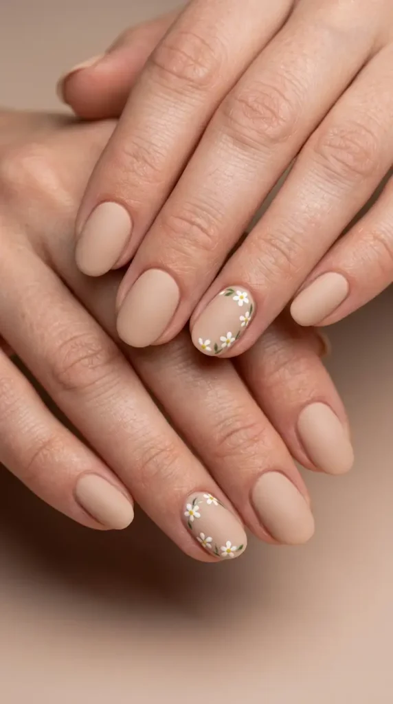 Beige Floral Accent Nails